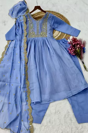 Awesome Sky Blue Bead Embroidered Chanderi Event Wear Salwar Kameez
