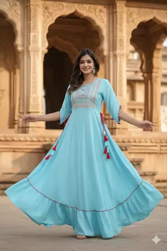 Ftdiva women's  embroidered anarkali blue printed kurti in rayon