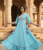 Ftdiva women's  embroidered anarkali blue printed kurti in rayon