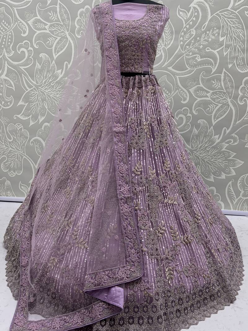 Breathtaking Lavender Zircon Work Net Bridesmaid Lehenga With Blouse