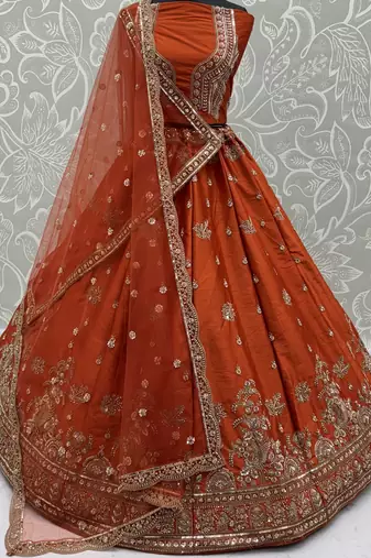 orange dori work silk bridal lehenga choli with double dupatta