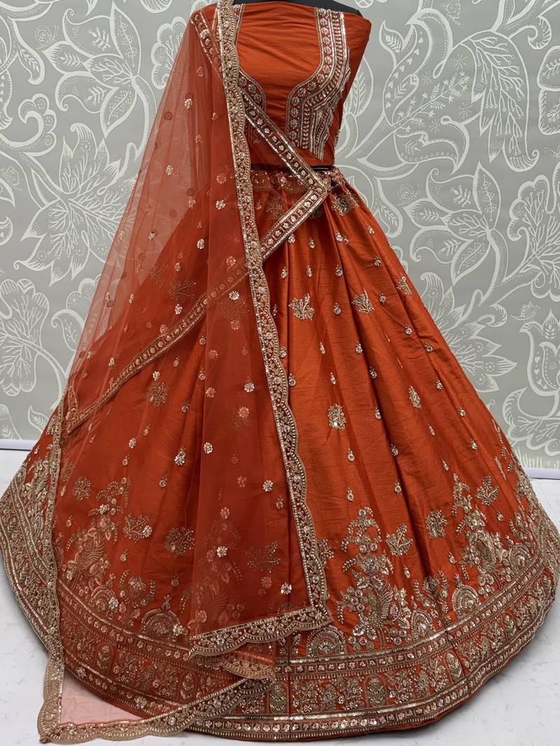 Tantalizing Orange Dori Work Silk Bridal Lehenga Choli With Double Dupatta