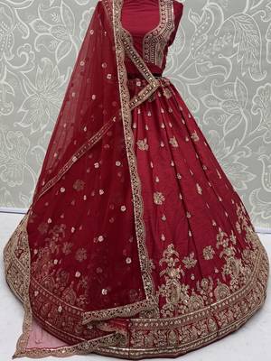 red bead work silk bridal lehenga choli with double dupatta 6