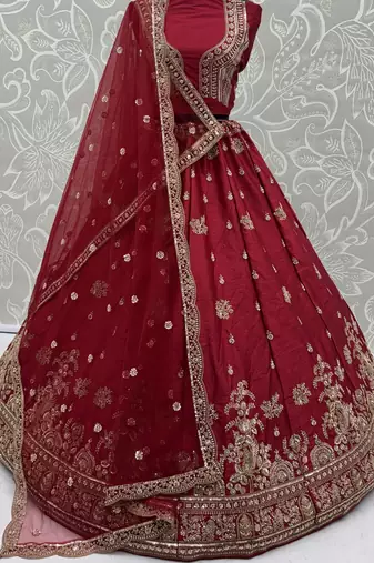 red bead work silk bridal lehenga choli with double dupatta