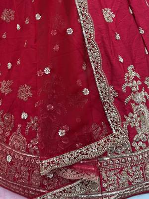 red bead work silk bridal lehenga choli with double dupatta 7