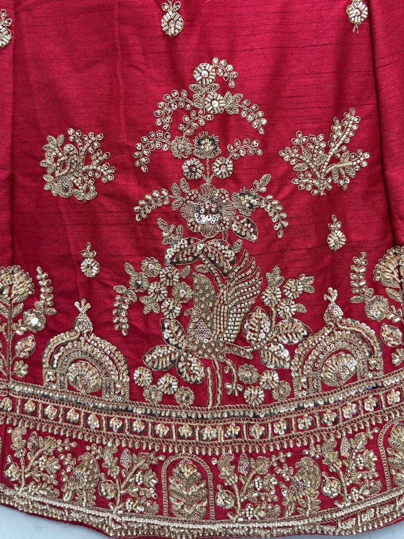 Appealing Red Bead Work Silk Bridal Lehenga Choli With Double Dupatta