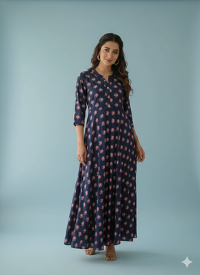 Ftdiva women's long flared rayon printed anarkali kurta in dark blue 1