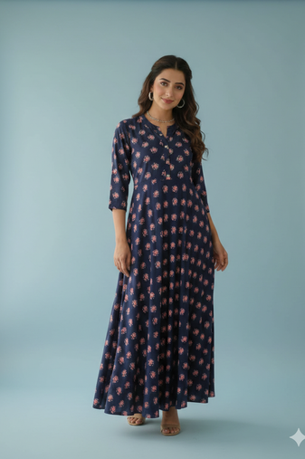 Ftdiva women's long flared rayon printed anarkali kurta in dark blue