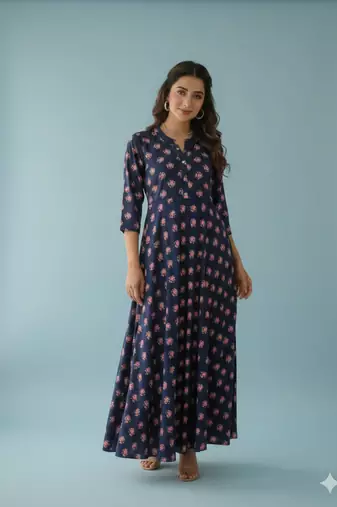 Ftdiva women's long flared rayon printed anarkali kurta in dark blue