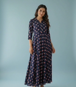 Ftdiva women's long flared rayon printed anarkali kurta in dark blue