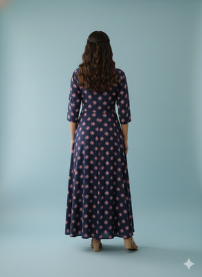 Ftdiva women's long flared rayon printed anarkali kurta in dark blue 2