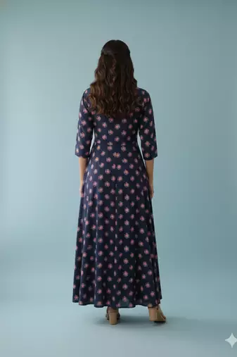 Ftdiva women's long flared rayon printed anarkali kurta in dark blue
