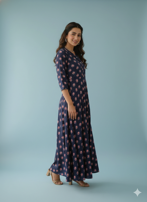 Ftdiva women's long flared rayon printed anarkali kurta in dark blue 3