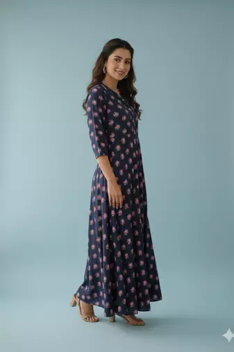 Ftdiva women's long flared rayon printed anarkali kurta in dark blue