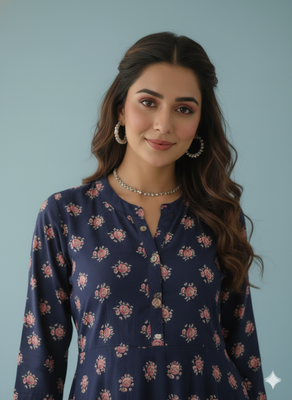 Ftdiva women's long flared rayon printed anarkali kurta in dark blue 4