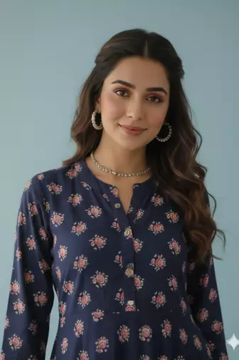 Ftdiva women's long flared rayon printed anarkali kurta in dark blue