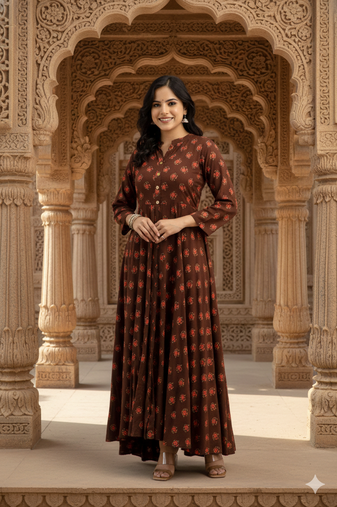 Ftdiva women's long flared rayon printed anarkali kurta in brown.