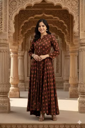 Ftdiva women's long flared rayon printed anarkali kurta in brown.
