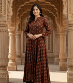 Ftdiva women's long flared rayon printed anarkali kurta in brown.