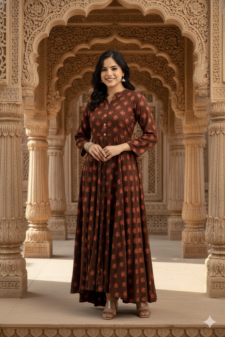 Ftdiva women's long flared rayon printed anarkali kurta in brown.