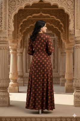Ftdiva women's long flared rayon printed anarkali kurta in brown. 2