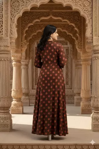 Ftdiva women's long flared rayon printed anarkali kurta in brown.