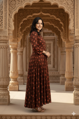 Ftdiva women's long flared rayon printed anarkali kurta in brown. 3