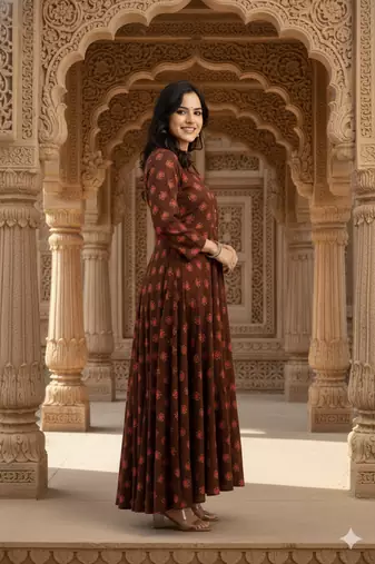 Ftdiva women's long flared rayon printed anarkali kurta in brown.
