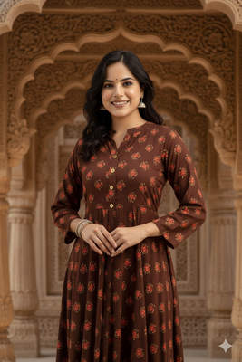 Ftdiva women's long flared rayon printed anarkali kurta in brown. 4