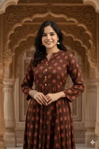 Ftdiva women's long flared rayon printed anarkali kurta in brown.
