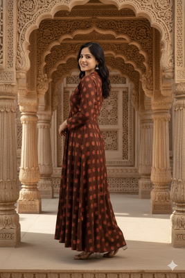 Ftdiva women's long flared rayon printed anarkali kurta in brown. 5