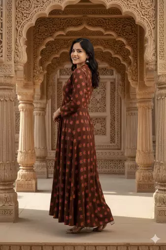 Ftdiva women's long flared rayon printed anarkali kurta in brown.