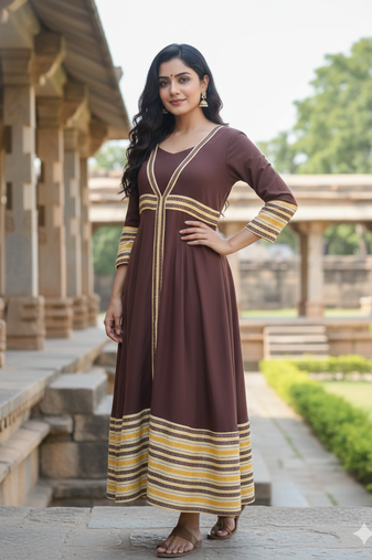 Ftdiva women's long flared printed kurti in brown