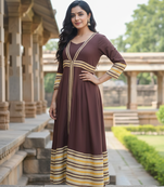 Ftdiva women's long flared printed kurti in brown
