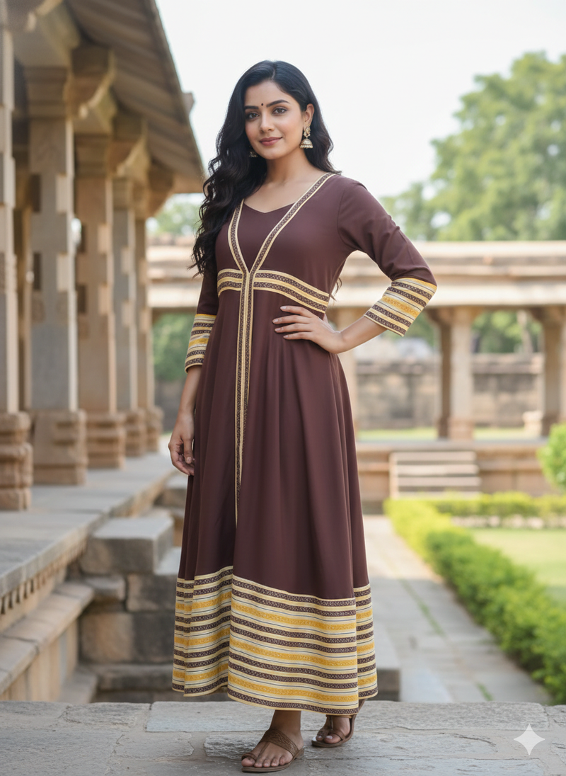 Ftdiva women's long flared printed kurti in brown