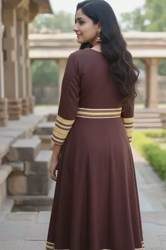 Ftdiva women's long flared printed kurti in brown