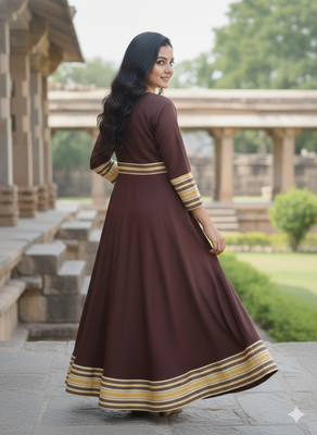 Ftdiva women's long flared printed kurti in brown 3