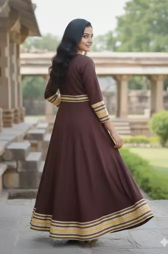 Ftdiva women's long flared printed kurti in brown