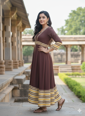 Ftdiva women's long flared printed kurti in brown 4