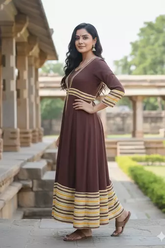Ftdiva women's long flared printed kurti in brown