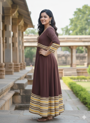 Ftdiva women's long flared printed kurti in brown 5
