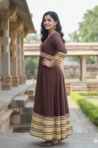 Ftdiva women's long flared printed kurti in brown