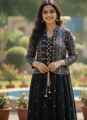 Ftdiva women's cotton printed jacketed anarkali kurti in black 2