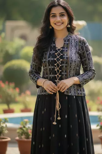 Ftdiva women's cotton printed jacketed anarkali kurti in black