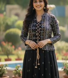 Ftdiva women's cotton printed jacketed anarkali kurti in black