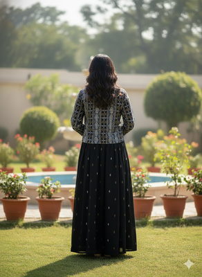 Ftdiva women's cotton printed jacketed anarkali kurti in black 3