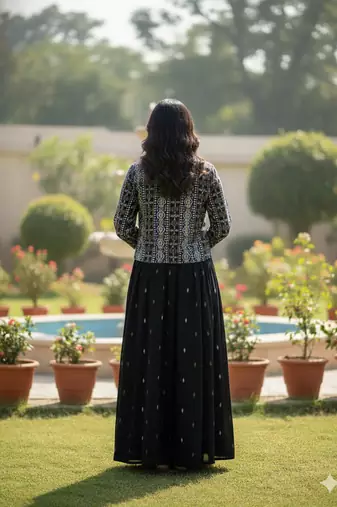 Ftdiva women's cotton printed jacketed anarkali kurti in black