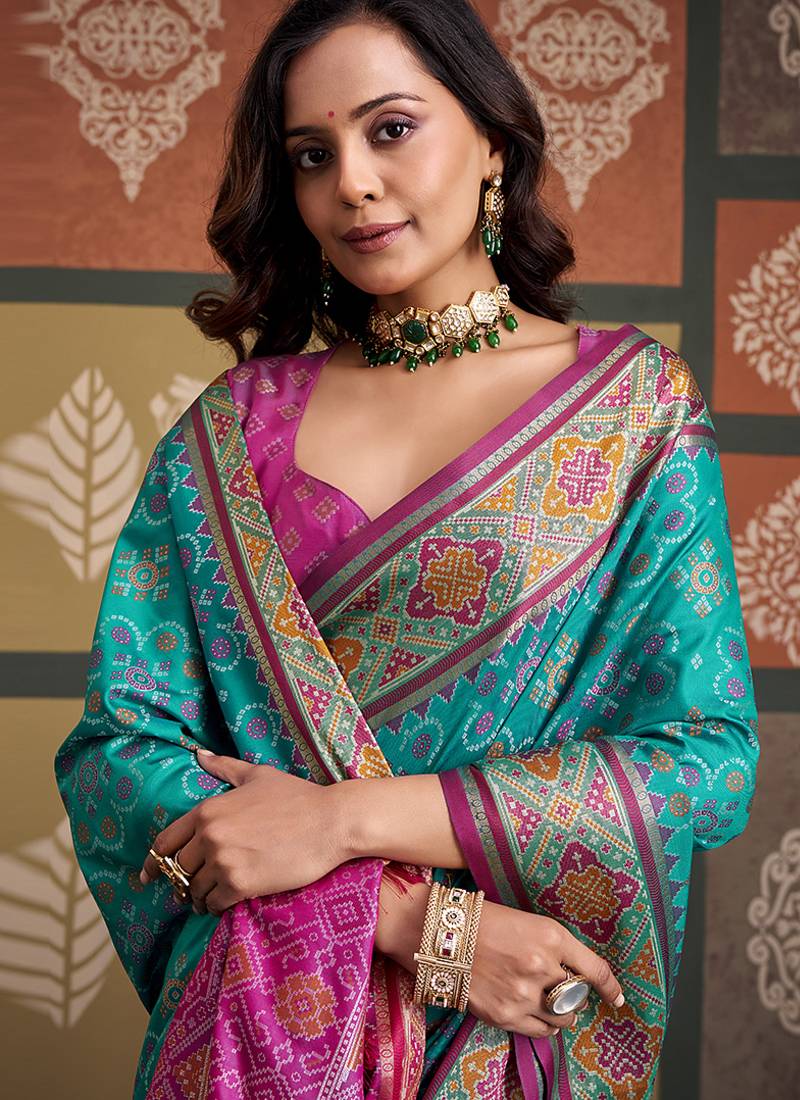 Aqua blue patola silk party wear saree