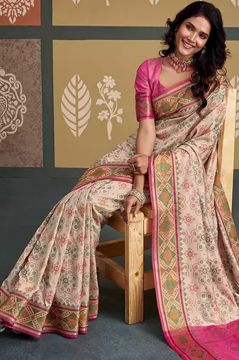 Of white patola silk blend party wear saree