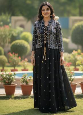 Ftdiva women's cotton printed jacketed anarkali kurti in black 1
